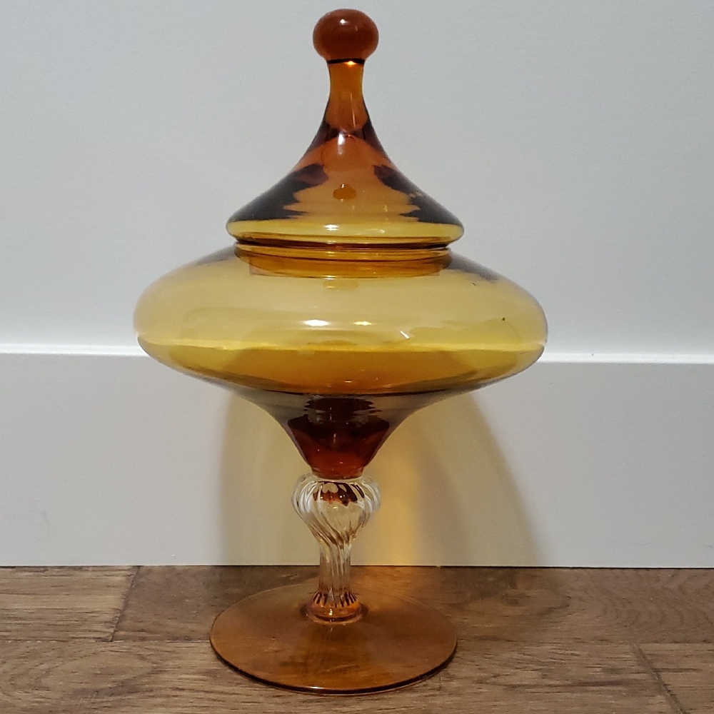 Large Vintage 1960's Amber Empoli Glass Bon Bon/Apothecary Jar